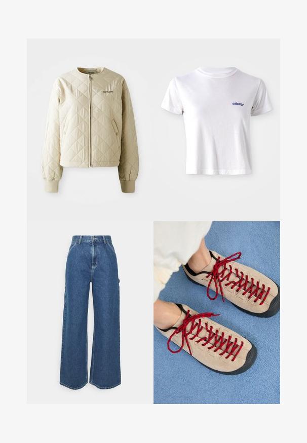 Beige quiltet jakke med rund krave, frontlynlås og pynte lommer. Elastiske manchetter og kant, med et logo på venstre bryst.; Hvid bomulds T-shirt med rund halsudskæring og korte ærmer, med et lille blåt "obey" logo på venstre brystområde.; Bredde ben blå denimbukser med høj talje, kontrastsyede sømme og sidelommer, med et klassisk fem-lomme design og rå kanter.; Beige sko med røde snørebånd, placeret på en blå tekstureret overflade, delvist synliggørende en persons ankel. Skoene har et sporty design.