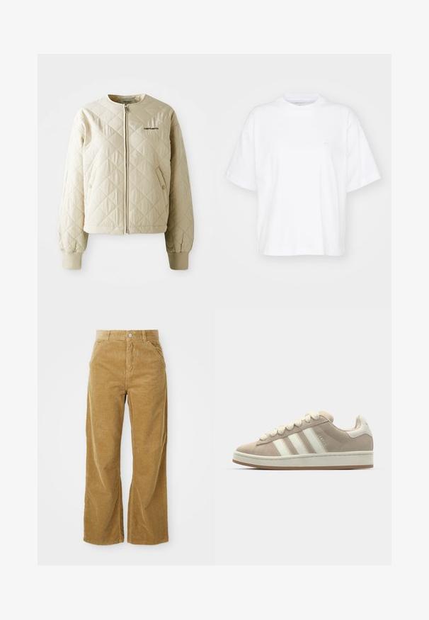 Chaqueta acolchada beige con cuello redondo, cremallera frontal y bolsillos de parche. Puños y dobladillo elásticos, con un logo en el lado izquierdo del pecho.; Camiseta de algodón blanca con cuello redondo, mangas cortas y un corte relajado. Presenta un logo sutil en el área del pecho izquierdo. Textura suave.; Pantalones de pana de pierna ancha en marrón claro, con un patrón de canalé texturizado, cinco bolsillos y un botón de cierre en la cintura.; Zapatillas de ante marrón con rayas y cordones de cuero blanco, suela de goma, cuello acolchado y detalles texturizados en la parte superior.