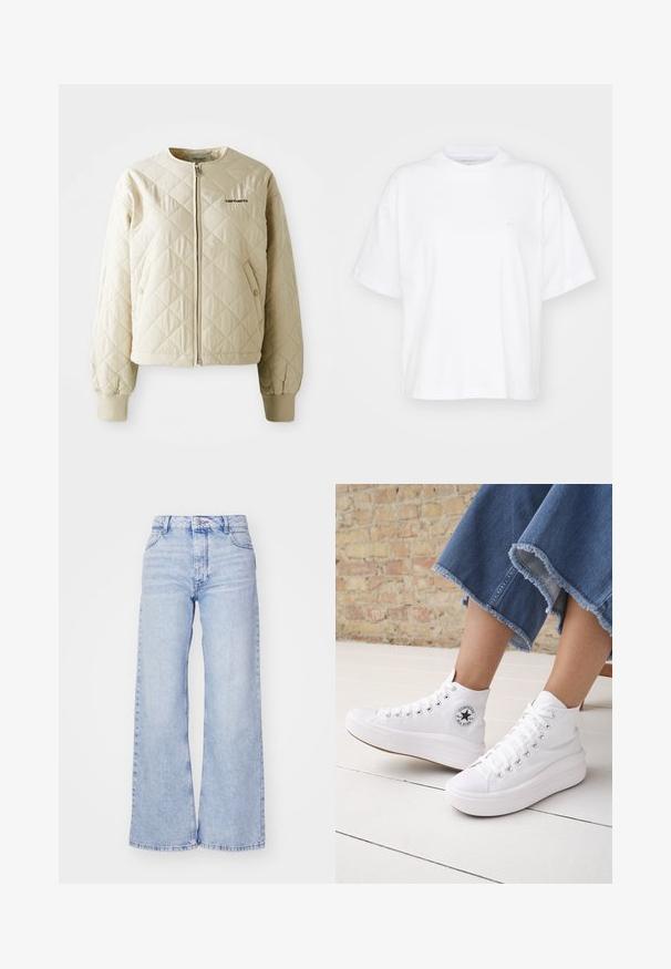 Beige quiltet jakke med rund krave, frontlynlås og pynte lommer. Elastiske manchetter og kant, med et logo på venstre bryst.; Hvid bomulds t-shirt med rund hals, korte ærmer og en afslappet pasform. Har et diskret logo på venstre brystområde. Glat tekstur.; Roxy MILLA - Wide leg - glacier; Person iført hvide høje Converse-sneakers med tykke såler og beskårne blå jeans med flossede kanter mod en murstensvæg og hvidt gulv.