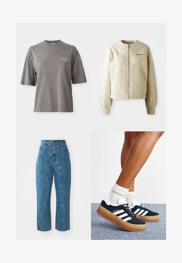 Veste matelassée beige avec un col rond, fermeture éclair à l'avant et poches à rabat. Manches élastiques et ourlet, avec un logo sur le côté gauche de la poitrine.; T-shirt en coton gris à manches courtes, col rond, avec un petit logo Carhartt WIP imprimé sur le devant. Texture lisse, coupe décontractée.; Jean en denim bleu clair avec une texture à motif subtil, taille haute et coupe droite. Doté d'une fermeture à bouton et à glissière à l'avant.; Jambes portant des chaussettes blanches et des baskets Adidas Gazelle noires avec des bandes blanches et des semelles épaisses marron sur un sol recouvert de moquette grise.