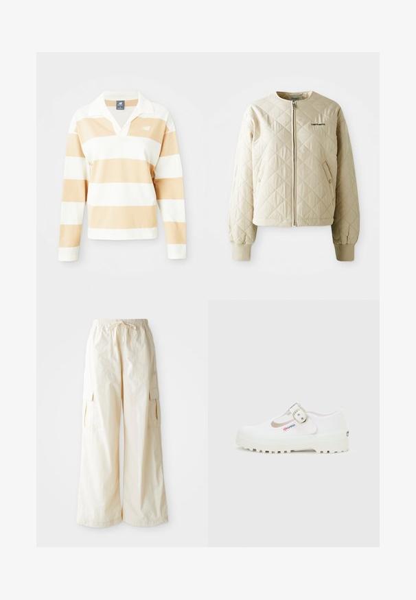 Beige gesteppte Jacke mit rundem Kragen, Frontreißverschluss und Taschen mit Patte. Elastische Bündchen und Saum, mit einem Logo auf der linken Brust.; Langärmliges Polohemd in Weiß mit hellbraunen Streifen. Es verfügt über einen kragenförmigen Ausschnitt, weichen Stoff und ein kleines Logo auf der linken Brust.; Weite Cargo-Hosen aus hellbeigem Stoff mit elastischem Bund, Kordelzug und Seitentaschen. Glatte Textur mit minimalen Details.; Weißer Mary Jane Schuh aus Canvas mit dicker profillierter Sohle und silberner Schnalle, an der Seite mit kleinem "Superga"-Etikett versehen.