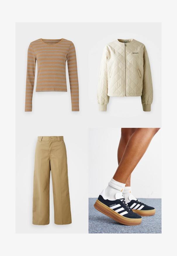 Chaqueta acolchada beige con cuello redondo, cremallera frontal y bolsillos de parche. Puños y dobladillo elásticos, con un logo en el lado izquierdo del pecho.; Top marrón de manga larga con franjas horizontales blancas y marrones oscuras, textura acanalada y escote redondeado, con un diseño corto.; Pantalones de pierna ancha beige, confeccionados en una mezcla de algodón, con cierre de botón, trabillas para cinturón y bolsillos delanteros.; Piernas con calcetines blancos y zapatillas Adidas Gazelle negras con rayas blancas y suelas marrones gruesas sobre un suelo alfombrado gris.