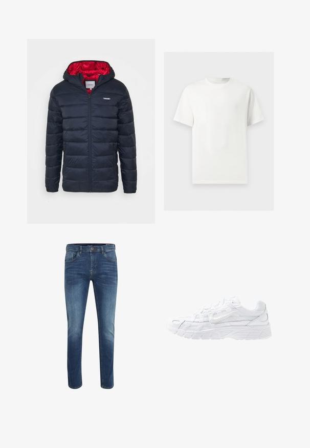 Chaqueta de plumas azul marino con un forro acolchado rojo, cierre de cremallera y capucha ajustable. Presenta costuras horizontales y un pequeño logotipo en el pecho.; Camiseta blanca lisa de manga corta y cuello redondo mostrada sobre un fondo gris claro.; Vaqueros de mezclilla azul de corte ajustado con un lavado medio, cinco bolsillos y costuras en contraste. Presentan un cierre de botón y trabillas para cinturón.; Nike Sportswear P 6000 - Zapatillas - white/platinum tint