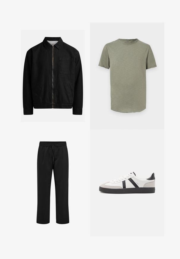 Veste zippée noire avec un col, une poche poitrine, deux poches latérales et une doublure intérieure douce et texturée.; T-shirt à manches courtes et col rond uni de couleur vert olive doux avec une texture subtile sur fond blanc.; Pantalon décontracté noir avec taille élastique et cordon, coupe droite et plis à l'avant.; Baskets blanches avec des accents noirs et gris, présentant un embout texturé gris, une semelle en caoutchouc noir et des lacets plats blancs. Design épuré, style minimaliste.