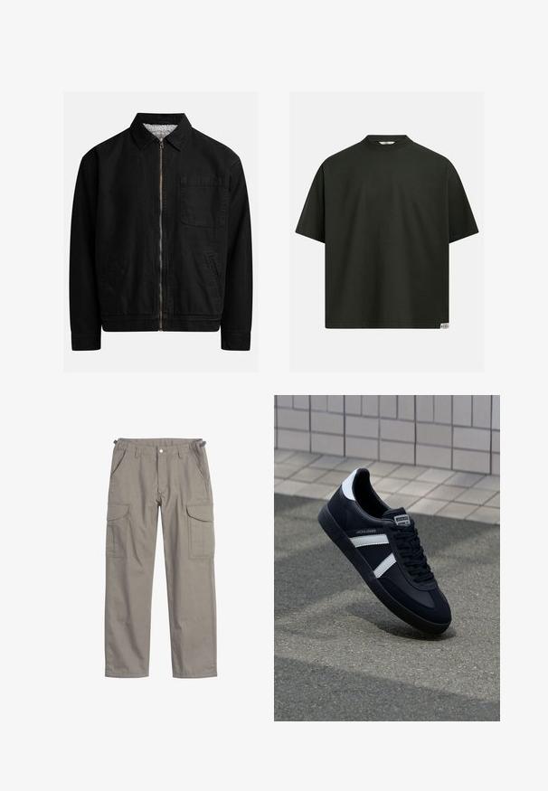 Zwarte zip-up jas met een kraag, één borstzak, twee zijzakken en een zachte, gestructureerde binnenvoering.; Donkergroene oversized T-shirt met korte mouwen en een ronde hals, met een klein rechthoekig "Rebel" logo label aan de onderzoom, op een witte achtergrond.; Cargo broek in lichtgrijze stof, met twee grote zijzakken, voorzakken, een knoopsluiting en een losse pasvorm.; Zwarte leren sneaker met witte strepen, een gestructureerde rubberen zool en vetersluiting aan de voorkant. Voorzien van een merklabel op de tong.