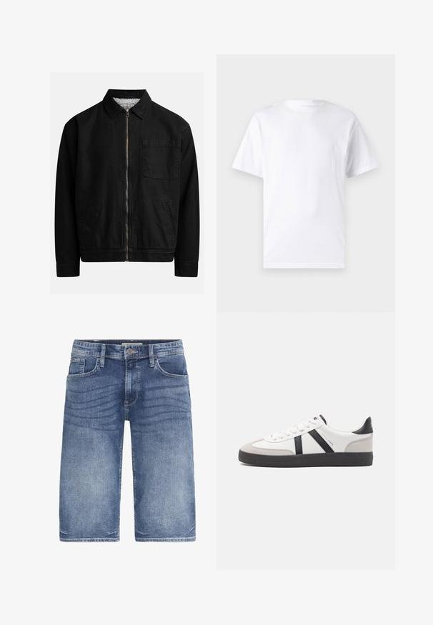 Veste zippée noire avec un col, une poche poitrine, deux poches latérales et une doublure intérieure douce et texturée.; T-shirt blanc à manches courtes en coton avec un col rond, présentant une texture lisse et un design simple, sans motifs ni accents.; Shorts en denim bleu clair, avec une coupe classique, cinq poches, fermeture à bouton et un léger dégradé sur le tissu pour une texture.; Baskets blanches avec des accents noirs et gris, présentant un embout texturé gris, une semelle en caoutchouc noir et des lacets plats blancs. Design épuré, style minimaliste.