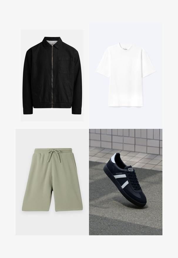 Chaqueta negra con cremallera y cuello, un bolsillo en el pecho, dos bolsillos laterales y un forro interior suave y texturado.; Camiseta lisa blanca de manga corta y cuello redondo con un corte relajado, mostrada sobre un fondo claro.; Pantalones cortos verde claro hechos de una tela texturizada con cintura elástica y cordón. Corte recto y diseño hasta la rodilla.; Zapatilla de cuero negra con rayas blancas, suela de goma texturizada y parte frontal con cordones. Cuenta con una etiqueta de marca en la lengüeta.