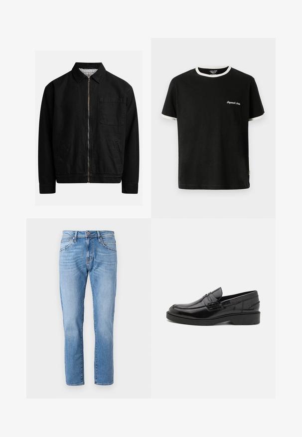 Zwarte zip-up jas met een kraag, één borstzak, twee zijzakken en een zachte, gestructureerde binnenvoering.; Jack & Jones T- - T-shirt basic - black; Lichtblauwe denim jeans met een recht model, klassieke vijf-pocketdesign, subtiele vervaging en een contrasterende knoopsluiting bij de taille.; Zwarte leren instappers met een gladde afwerking, ronde neus, lage hak en decoratieve stiksels aan de voorkant. Rubberen buitenzool voor grip.