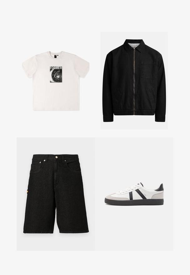 Zwarte zip-up jas met een kraag, één borstzak, twee zijzakken en een zachte, gestructureerde binnenvoering.; Wit katoenen t-shirt met korte mouwen, voorzien van een zwart grafisch ontwerp met het woord "FORMER" en een spiraalpatroon aan de voorkant.; Zwarte denim shorts met een klassieke vijf-pocket ontwerp, zilveren hardware en een subtiele oranje accent op de zijzak.; Witte sneaker met zwarte en grijze accenten, voorzien van een grijze neus met textuur, zwarte rubberen zool en platte witte veters. Schoon ontwerp, minimalistische stijl.