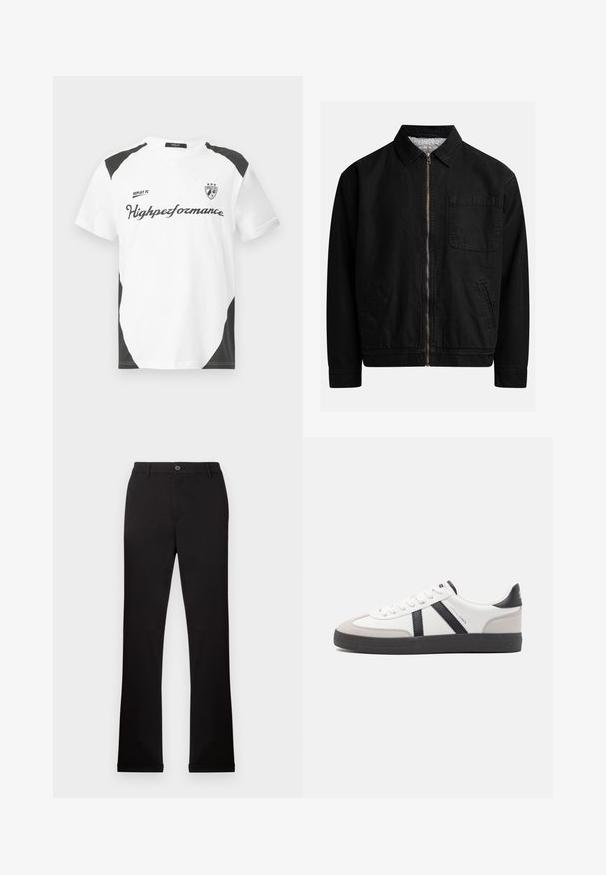 Zwarte zip-up jas met een kraag, één borstzak, twee zijzakken en een zachte, gestructureerde binnenvoering.; Witte T-shirt met korte mouwen en zwarte accenten. Bevat het logo "REPLAY FC" en de tekst "Highperformance" in een sportieve lettertype. Gemaakt van een glad materiaal.; Zwarte katoenen broek met rechte pijpen, een knoop- en ritsluiting, en zijzakken. Gladde textuur, geen zichtbare patronen of accenten.; Witte sneaker met zwarte en grijze accenten, voorzien van een grijze neus met textuur, zwarte rubberen zool en platte witte veters. Schoon ontwerp, minimalistische stijl.