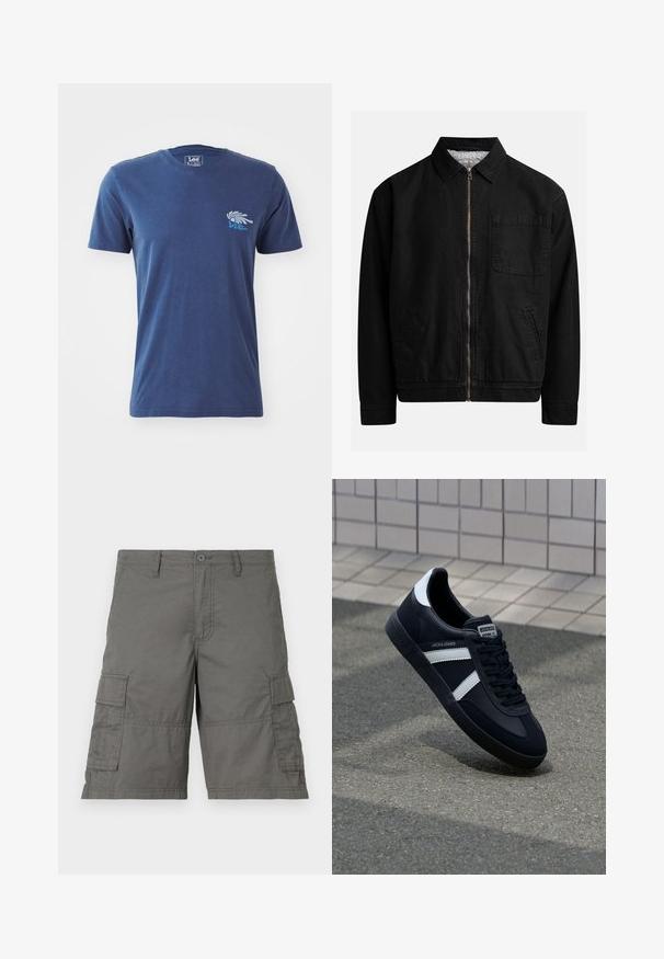Zwarte zip-up jas met een kraag, één borstzak, twee zijzakken en een zachte, gestructureerde binnenvoering.; Navyblauwe katoenen T-shirt met korte mouwen, ronde halslijn en een grafisch ontwerp van een hand met tekst op de linkerborst.; Grijze cargoshorts met knoopsluiting, meerdere zijzakken en stikseldetails. Gemaakt van lichtgewicht, duurzaam materiaal.; Zwarte leren sneaker met witte strepen, een gestructureerde rubberen zool en vetersluiting aan de voorkant. Voorzien van een merklabel op de tong.