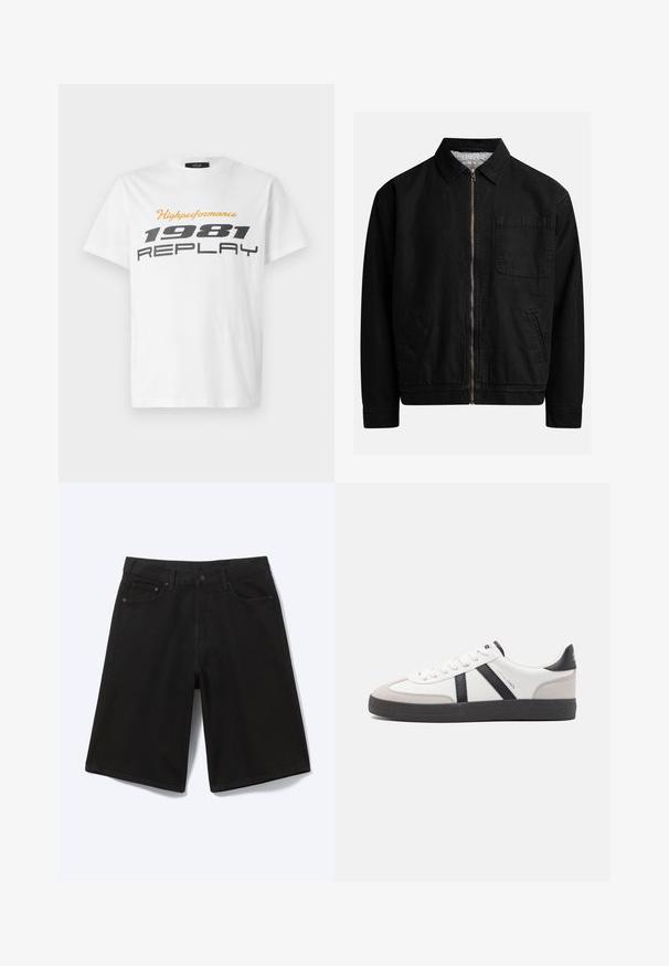 Chaqueta negra con cremallera y cuello, un bolsillo en el pecho, dos bolsillos laterales y un forro interior suave y texturado.; Replay SHORT SLEEVE GRAPHIC - Camiseta estampada - natural white; Pantalones cortos vaqueros negros hasta la rodilla con botón frontal, trabillas para cinturón y cinco bolsillos, mostrados sobre un fondo blanco.; Zapatilla blanca con acentos en negro y gris, que presenta una puntera texturizada en gris, suela de goma negra y cordones planos blancos. Diseño limpio, estilo minimalista.