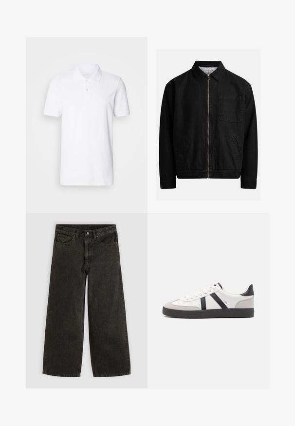 Veste zippée noire avec un col, une poche poitrine, deux poches latérales et une doublure intérieure douce et texturée.; Ecoalf Polo - white; Jean en denim noir à jambes larges avec bouton et fermeture éclair à l'avant, passants de ceinture, et cinq poches, étalé à plat sur un fond blanc.; Baskets blanches avec des accents noirs et gris, présentant un embout texturé gris, une semelle en caoutchouc noir et des lacets plats blancs. Design épuré, style minimaliste.