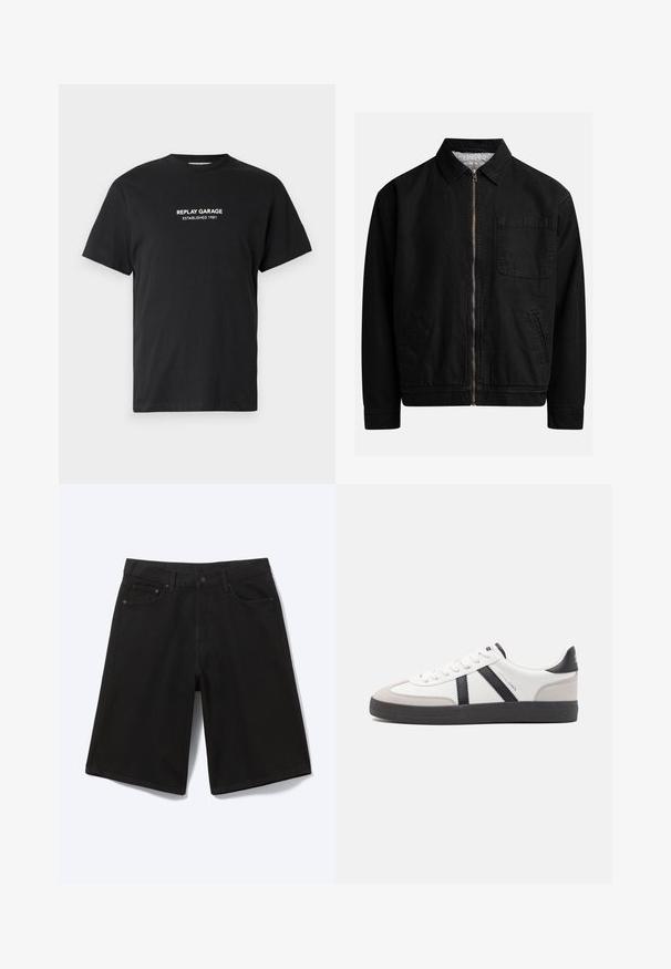 Zwarte zip-up jas met een kraag, één borstzak, twee zijzakken en een zachte, gestructureerde binnenvoering.; Zwarte katoenen T-shirt met korte mouwen, met witte bedrukte tekst "REPLAY GARAGE OPGERICHT 1981" gecentreerd op de borst.; Zwarte denim short tot op de knie met voorste knoop, riemlussen en vijf zakken, afgebeeld tegen een witte achtergrond.; Witte sneaker met zwarte en grijze accenten, voorzien van een grijze neus met textuur, zwarte rubberen zool en platte witte veters. Schoon ontwerp, minimalistische stijl.