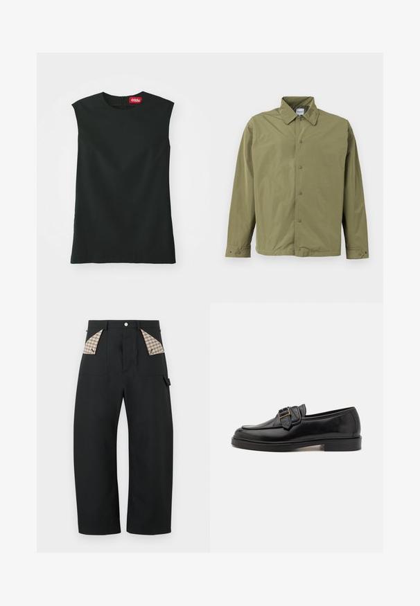 Chaqueta ligera de color oliva con cuello, cierre frontal de botones a presión, mangas largas y puños ajustables con botones.; Top negro sin mangas con escote redondo, fabricado en tejido suave, y con cremallera en la parte posterior. Presenta una pequeña etiqueta roja con el logo '032c' en el cuello.; Pantalones negros de pierna ancha con cintura alta, bolsillos delanteros forrados con tela de cuadros beige, cierre con botón y pequeño detalle de lazo en el lado derecho.; Mocasines de cuero negro con punta redonda y un acento decorativo de hebilla. Tacón plano y sólido, con una textura suave en todo el zapato.