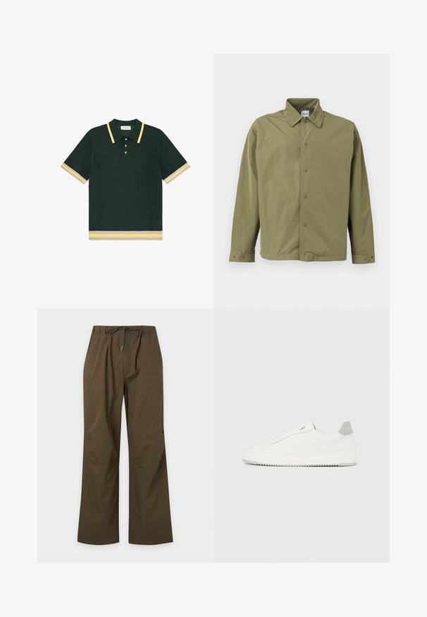 Veste légère vert olive avec col, fermeture à boutons-pression, manches longues et poignets ajustables à boutons.; Polo en maille vert foncé à manches courtes avec des rayures jaunes et beiges sur le col, les poignets et l'ourlet, avec trois boutons à la patte de boutonnage.; Pantalon décontracté vert olive avec taille élastique et cordon de serrage à l'avant, coupe droite et coupe décontractée.; Baskets basses blanches avec un onglet de talon gris, des lacets blancs et une semelle texturée, présentées sur un fond uni clair.