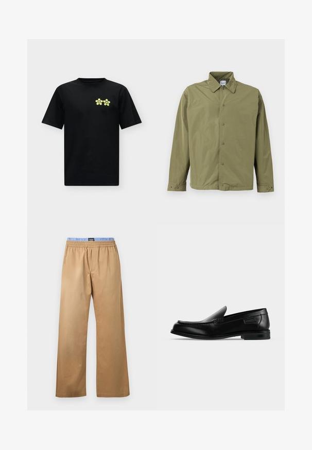 Veste légère vert olive avec col, fermeture à boutons-pression, manches longues et poignets ajustables à boutons.; T-shirt noir à manches courtes avec deux motifs de fleurs jaunes sur le côté gauche de la poitrine, chacun contenant une lettre à l'intérieur.; Pantalon beige à jambes larges avec ceinture élastique et bande intérieure rayée bleu et blanc, présenté à plat sur un fond blanc.; Mocassin noir en cuir à enfiler avec un petit talon, un bout arrondi et des surpiqûres décoratives le long du bord supérieur.