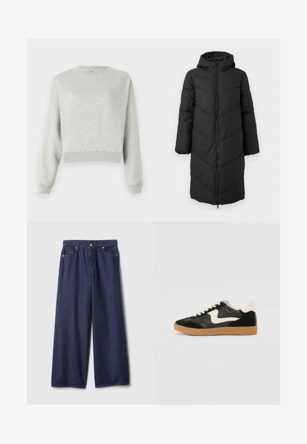 Zwarte lange pufferjas met een rits aan de voorkant, capuchon en een chevronpatroon. Heeft brede mouwen en een gladde, geïsoleerde textuur.; Grijze sweatshirt gemaakt van zacht, gestructureerd stof. Heeft een ronde halslijn, lange mouwen en een verkorte zoom. Eenvoudig ontwerp, geen patronen of accenten.; Donkere blauwe denim jeans met wijde pijpen, een gladde textuur, ontwerp met vijf zakken, metalen knoopsluiting en gestikte details langs de naden.; Zwarte suède en leren sneaker met een crèmekleurige zij-swoosh en lichte crèmekleurige hiel. Voorzien van beige veters en een gumrubberen zool.