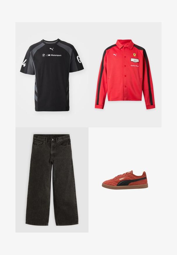 Chaqueta roja de manga larga de Puma con rayas negras en las mangas, logo de Ferrari en el pecho, botones a presión y bolsillos delanteros.; Camiseta negra con acentos grises, de mangas cortas y cuello redondo, que presenta los logotipos de BMW y Puma, y el número '4' en la manga.; Pantalones vaqueros negros de pierna ancha con botón y cremallera delanteros, trabillas para el cinturón y cinco bolsillos, colocados planos sobre un fondo blanco.; Puma CLUB INDOOR SD - Zapatillas - red