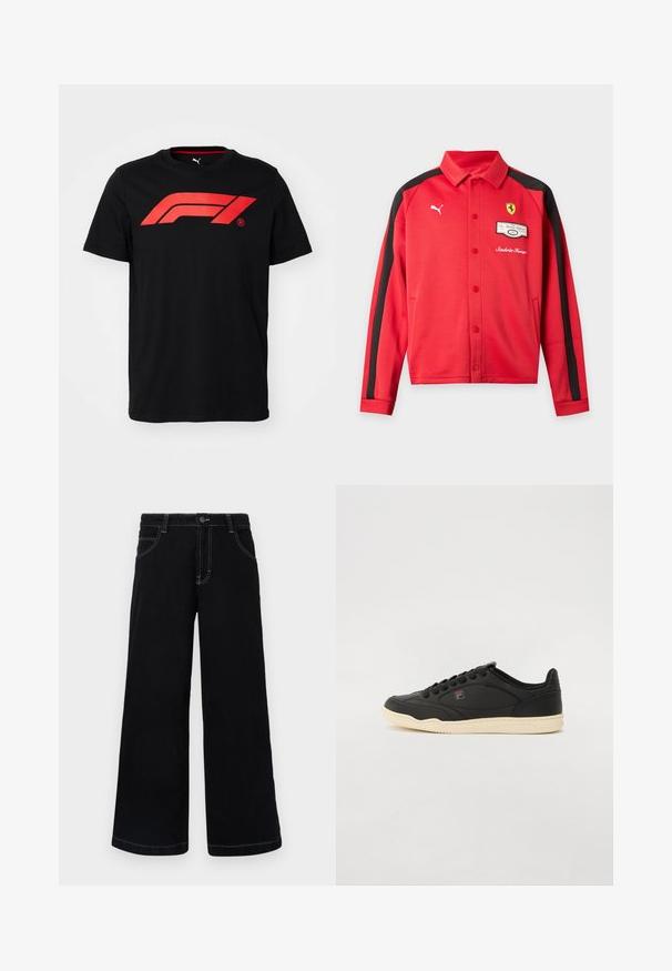 Κόκκινο μπουφάν Puma με μακριά μανίκια και μαύρες ρίγες στα μανίκια, λογότυπο Ferrari στο στήθος, πατιλέτες με κουμπιά και μπροστινές τσέπες.; Μαύρο βαμβακερό T-shirt με μεγάλο κόκκινο λογότυπο της Formula 1 μπροστά. Στρογγυλή λαιμόκοψη και κοντά μανίκια, λεία υφή.; Μαύρο παντελόνι με φαρδιά γραμμή από τζην, με κλείσιμο με κουμπί, πέντε τσέπες και αντίθετη λευκή ραφή κατά μήκος των ραφών.; Μαύρα δερμάτινα χαμηλά παπούτσια με κρέμα ελαστική σόλα, με υφή στην επιφάνεια και μαύρες κορδόνες. Λογότυπο κοντά στην γλώσσα.