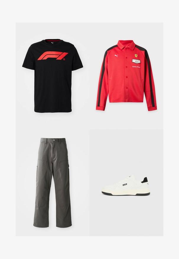 Chaqueta roja de manga larga de Puma con rayas negras en las mangas, logo de Ferrari en el pecho, botones a presión y bolsillos delanteros.; Camiseta de algodón negra que presenta un gran logo rojo de Fórmula 1 en el frente. Cuello redondo y mangas cortas, textura suave.; Pantalones cargo grises con un diseño de pierna recta, que cuentan con dos bolsillos frontales y bolsillos laterales adicionales para almacenamiento. Fabricados con un tejido duradero.; Zapatilla blanca de corte bajo con lengüeta trasera negra, logotipo negro en el lateral y detalles negros en la suela, mostrada de perfil sobre un fondo liso.
