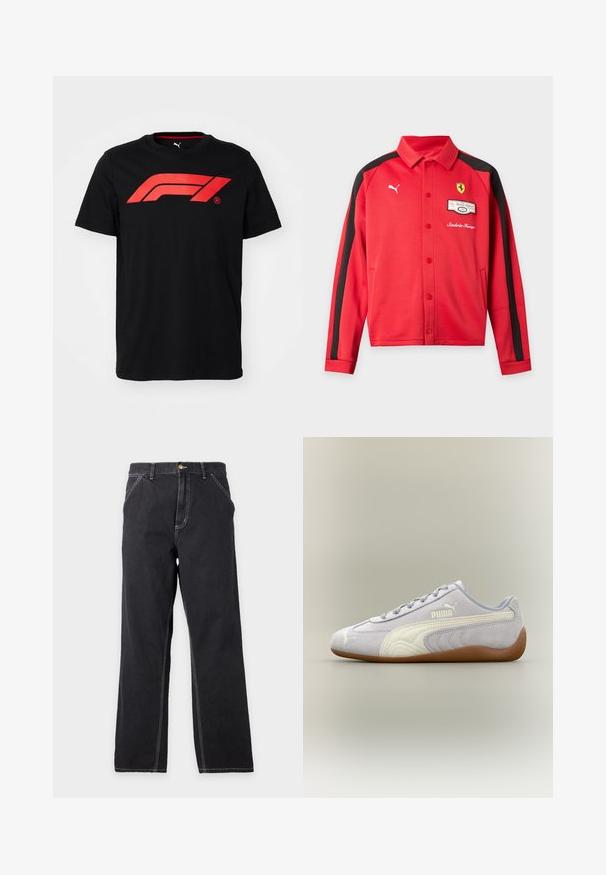 Rød Puma jakke med lange ærmer med sorte striber på ærmerne, Ferrari-logo på brystet, trykknapper og forlommer.; Sort bomulds T-shirt med et stort rødt Formula 1-logo på forsiden. Rund halsudskæring og korte ærmer, glat tekstur.; Sorte jeans med lige ben, forlommer, bæltestropper og synlige hvide syninger på en ensfarvet lys grå baggrund.; Lys grå Puma ruskindssneaker med hvid stribedetalje og gummisål, set fra ydersiden mod en neutral baggrund.