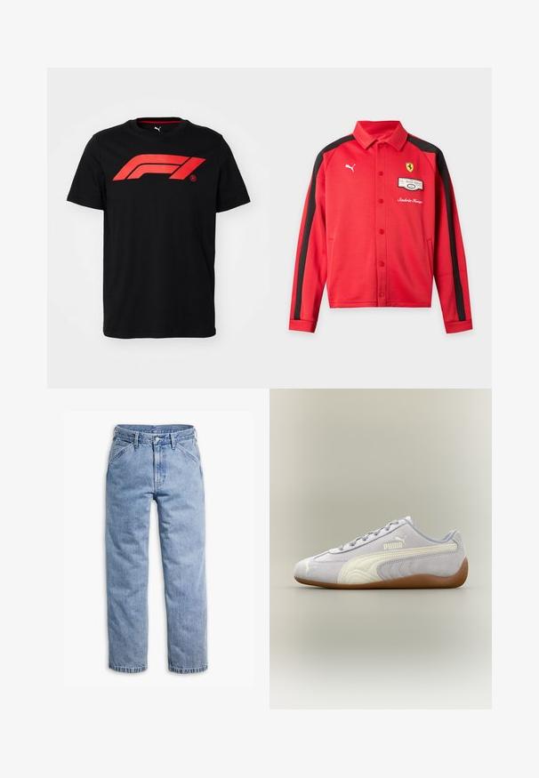 Červená bunda Puma s dlhým rukávom s čiernymi pruhmi na rukávoch, logo Ferrari na hrudi, patentkami a prednými vreckami.; Čierne bavlnené tričko s veľkým červeným logom Formula 1 na prednej strane. Okrúhly výstrih a krátke rukávy, hladká textúra.; Svetlomodré rifle s rovnými nohavicami, s predným zapínaním na gombík a zips, pútkami na opasok a šikmými prednými vreckami.; Svetlosivá semišová teniska Puma s bielym pásikovým detailom a gumovou podrážkou, pohľad z vonkajšej strany na neutrálne pozadie.