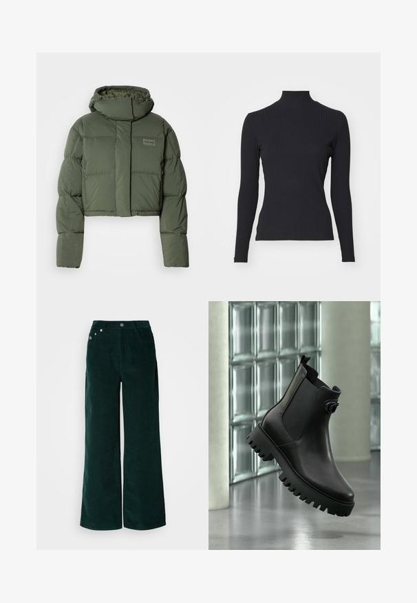 Chaqueta corta de plumas color verde oliva con un alto cuello y bolsillos con cremallera. Presenta un diseño acolchado y un discreto parche con logo en la parte frontal.; Top negro de cuello alto con costillas y mangas largas. Fabricado con una tela elástica con forma ajustada y cuello alto. Diseño simple sin adornos.; Pantalones de pana de pierna ancha en verde oscuro. Presentan una textura acanalada horizontal, bolsillos frontales y cierre con botones con detalles de marca.; Botín negro de cuero con suela de taco grueso y panel elástico lateral, sobre fondo de bloques de vidrio y hormigón.