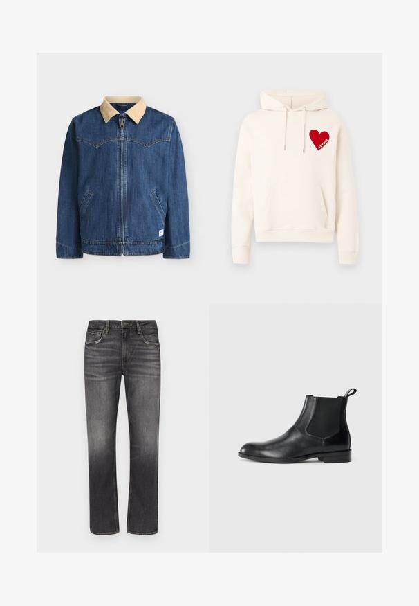 Veste en jean bleue avec col en velours côtelé beige, fermeture éclair devant, deux poches en biais et coutures contrastées sur fond blanc.; Sweat à capuche couleur crème avec poche avant et cordons, arborant un cœur rouge sur la poitrine avec le mot "FUTURE" à l'intérieur.; Jean droit pour homme en denim gris foncé avec légère décoloration et design classique à cinq poches sur fond blanc.; Bottine en cuir noir avec des panneaux latéraux élastiques, bout rond et tirette. Texture lisse, semelle plate, design minimaliste.