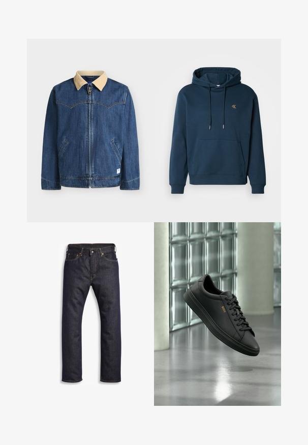 Blauwe spijkerjack met beige ribfluwelen kraag, ritssluiting aan de voorkant, twee schuine zakken en contrasterende stiksels op een witte achtergrond.; Navyblauwe hoodie van een katoenmix, met een grote voorzak, ribgebreide manchetten en een klein goudkleurig logo op de borst. Zachte textuur.; Donkerblauwe denim jeans met rechte snit, vijf zakken, metalen hardware en contrasterende oranje stiksels. Glad oppervlak, geen zichtbare patronen.; Zwarte lage leren sneaker met zwarte veters en gouden BOSS-logo aan de zijkant, zwevend boven glanzende grijze vloer in een moderne binnenruimte.