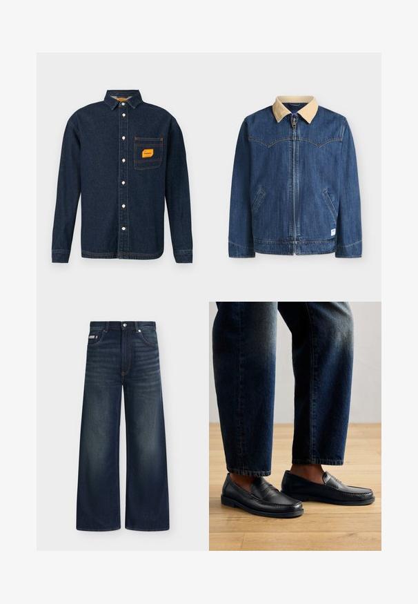 Blauwe spijkerjack met beige ribfluwelen kraag, ritssluiting aan de voorkant, twee schuine zakken en contrasterende stiksels op een witte achtergrond.; Donkerblauwe denim shirt met button-down kraag, oranje label op de borstzak en witte knopen. Zachte textuur met contrasterende stikseldetails.; Donkerblauwe denim jeans met wijde pijpen, voorzakken, riemlussen, knoopsluiting en subtiele vervaging op dijen en knieën.; Zwarte leren instappers met gestikte details en textuurelementen, gedragen met donkerdenim, die een casual en gestroomlijnd ontwerp tonen.