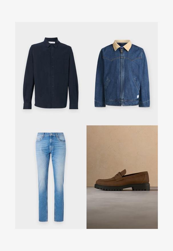 Blå denimjakke med beige kordfløjls-krave, lynlås foran, to skrå lommer og kontrastsyninger på hvid baggrund.; Mørkeblå langærmet skjorte lavet af blødt stof, med knaplukning foran, spidse kraver og en enkelt brystlomme.; Lyseblå denimjeans med lige snit, der har et klassisk fem-lomme design, kontraststikning og en let falmeffekt.; Mørkebrune læderloafer med tyk sort gummisål vist over en beige tæppe- og sofa baggrund.