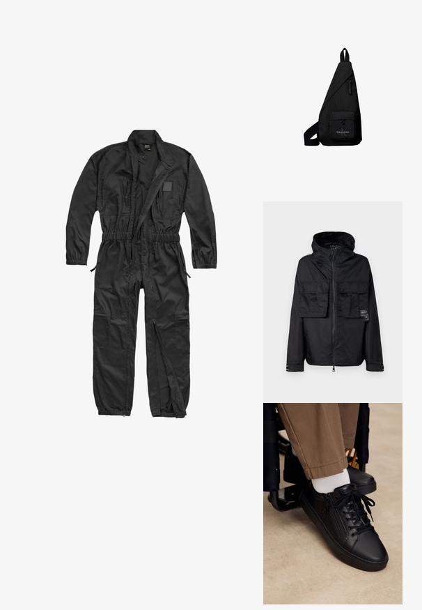Chaqueta negra con cremallera y capucha, que cuenta con dos bolsillos delanteros en el pecho, una etiqueta en el bolsillo izquierdo y una textura lisa y brillante.; Brandit BRANDIT HERREN EINSATZKOMBI - Mono - black; Zapatilla deportiva de cuero negro con cordones y cremallera lateral, usada con calcetines blancos y pantalones marrones, pie apoyado en el reposapiés de una silla de ruedas.; Bolso bandolera triangular negro con bolsillo frontal con cremallera con el logo de Calvin Klein y correa ajustable.
