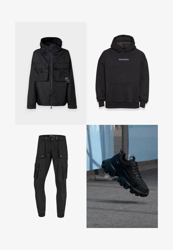 Sort zip-jakke med hætte, der har to frontlommer på brystet, et mærke på venstre lomme og en glat, blank overflade.; Sort hætte sweatshirt lavet af en blanding af bomuldsstof. Har en frontlomme og et logo i blå og rød. Ribbekanter ved håndleddene og kanten.; Sorte cargo bukser med flere sidelommer, elastiske manchetter og snor i taljen. Lavet af struktureret stof med minimale hardwaredetaljer.; Sort chunky sneaker med tyk slidbane sål, der svæver over en grå fortov mod en sløret lyseblå og grå baggrund.