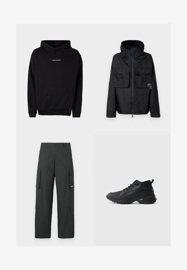 Zwarte zip-up jas met een capuchon, met twee voorzakken op de borst, een label op de linker zak en een gladde, glanzende textuur.; Zwarte hoodie met een voorzak en witte tekst "VISION OF SUPER" op de borst. Gemaakt van zachte stof met ribbels aan de manchetten.; Zwarte cargo broek met rechte pijpen, zijflapzakken, knoopsluiting, riemlussen en een klein wit logo op de flap van de rechterzak.; Zwarte sportschoenen gemaakt van synthetisch materiaal. Voorzien van een gevoerde kraag, ronde neus, stevige buitenzool met grip en merkembleem.
