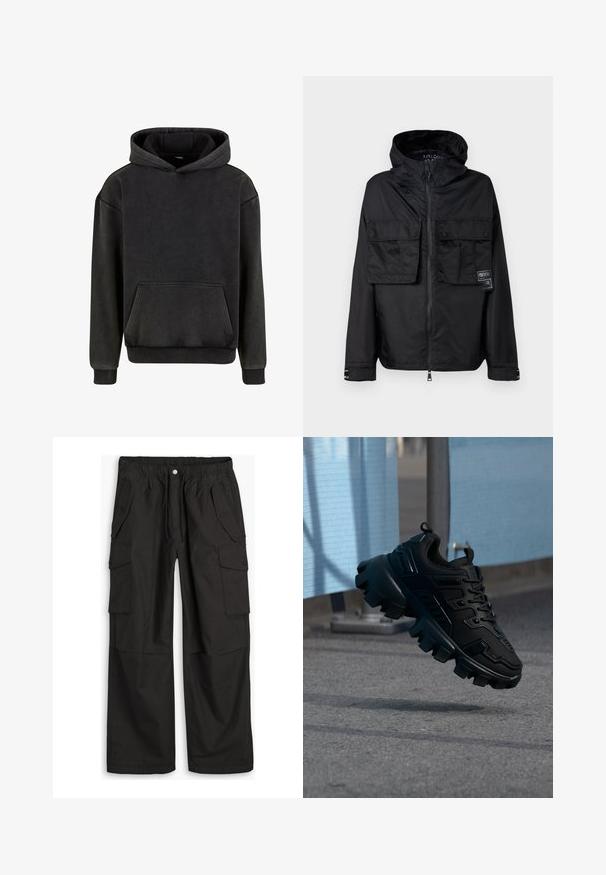 Schwarze Zip-Jacke mit Kapuze, ausgestattet mit zwei vorderen Brusttaschen, einem Label auf der linken Tasche und einer glatten, glänzenden Textur.; Urban Classics Kapuzenpullover - magnet; Schwarze Cargo-Hose mit elastischem Taillenbund, Knopf- und Reißverschluss, sowie mehreren aufgesetzten Taschen mit Knöpfen an der Vorder- und Seitenseite.; Schwarzer klobiger Sneaker mit dicker Profilsohle, der über einem grauen Gehweg schwebt, vor einem verschwommenen hellblau-grauen Hintergrund.