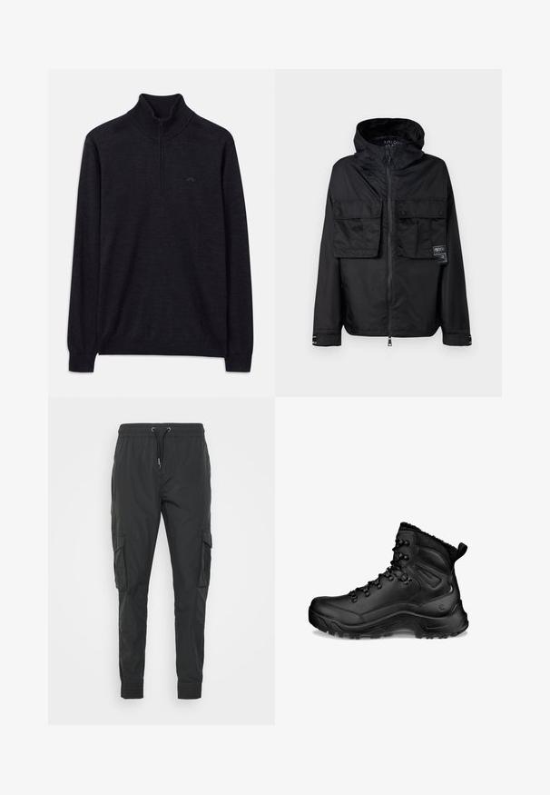 Sort zip-jakke med hætte, der har to frontlommer på brystet, et mærke på venstre lomme og en glat, blank overflade.; Sort langærmet sweater med ribbet høj krave og halv lynlås, med et subtilt logo på venstre bryst.; Sorte cargo bukser lavet af letvægtsstof, med en justerbar snøre i taljen, elastiske manchetter og to sidelommer.; Sort høj vandrestøvle med polstret ankel, snørehager, robust sål og træksløjfe ved hælen, designet til udendørs brug og koldt vejr.