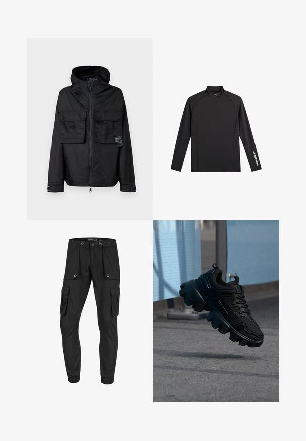 Zwarte zip-up jas met een capuchon, met twee voorzakken op de borst, een label op de linker zak en een gladde, glanzende textuur.; Zwart sporttopje met lange mouwen, opstaande kraag, slim fit en witte "J.Lindeberg"-logo op linkerarm en kraag.; Zwarte cargobroek met meerdere zijzakken, elastische boorden en een elastische tailleband. Gemaakt van gestructureerde stof, met minimale hardwareaccenten.; Zwarte chunky sneaker met dikke profielzool die boven een grijze stoep zweeft, tegen een wazige lichtblauwe en grijze achtergrond.