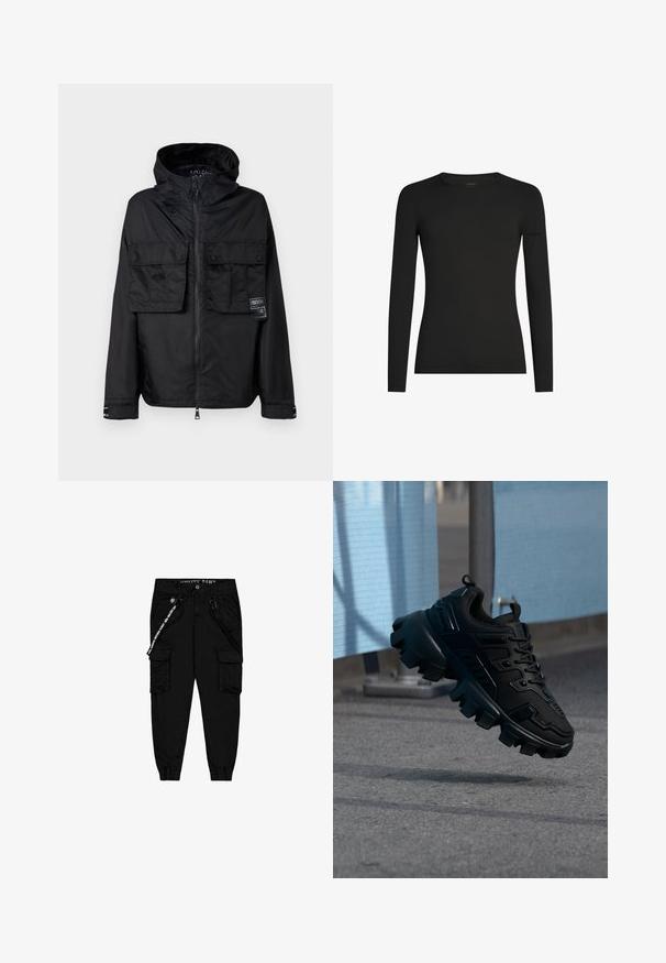 Sort zip-jakke med hætte, der har to frontlommer på brystet, et mærke på venstre lomme og en glat, blank overflade.; Sort, tætsiddende langærmet T-shirt med rund hals og et diskret Icebreaker-logo på venstre ærme, vist på en hvid baggrund.; Sorte cargo bukser lavet af letvægtsstof, med to sidelommer, en elastisktalje og justerbare ankelmanchetter.; Sort chunky sneaker med tyk slidbane sål, der svæver over en grå fortov mod en sløret lyseblå og grå baggrund.