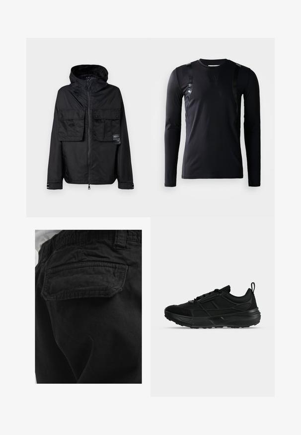 Veste zippée noire avec capuche, dotée de deux poches avant sur la poitrine, d'un label sur la poche gauche et d'une texture lisse et brillante.; T-shirt de sport à manches longues noir en tissu lisse et extensible. Présente des accents noirs brillants sur les épaules et un logo Adidas sur la poitrine.; Poche arrière d’un pantalon noir avec rabat et coutures visibles, porté par une personne en chemise blanche.; Baskets de sport noires avec tige en mesh et synthétique, fermeture à lacets, col rembourré et semelle épaisse en caoutchouc, vues de profil.