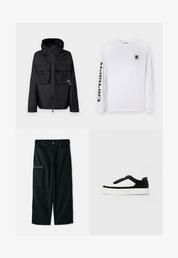 Sort zip-jakke med hætte, der har to frontlommer på brystet, et mærke på venstre lomme og en glat, blank overflade.; Hvid langærmet t-shirt lavet af bomuld, med en lille sort logo-lap på brystet og fed sort tekst langs venstre ærme.; Sorte cargo-bukser med lige skåret design, der har to store sidelommer, lynlås-lukning og standard talje. Fremstillet af slidstærkt stof.; Lave sneakers med sort ruskind og hvide læderpaneler, sorte snørebånd og tyk hvid gummisål, vist fra ydersiden.