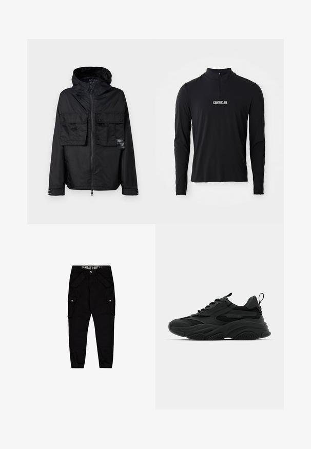 Sort zip-jakke med hætte, der har to frontlommer på brystet, et mærke på venstre lomme og en glat, blank overflade.; Sort langærmet top med høj krave, der har en kvartlynlås og hvid "CALVIN KLEIN" logo på forsiden. Glat, strækbart stof.; Sorte cargo bukser lavet af bomuld, med flere lommer, en tætsiddende design og elastiske manchetter ved anklerne.; Sorte atletiske sneakers med en kraftig sål, meshpaneler og gummidetaljer. Har en trækflap ved hælen og strukturerede mønstre.