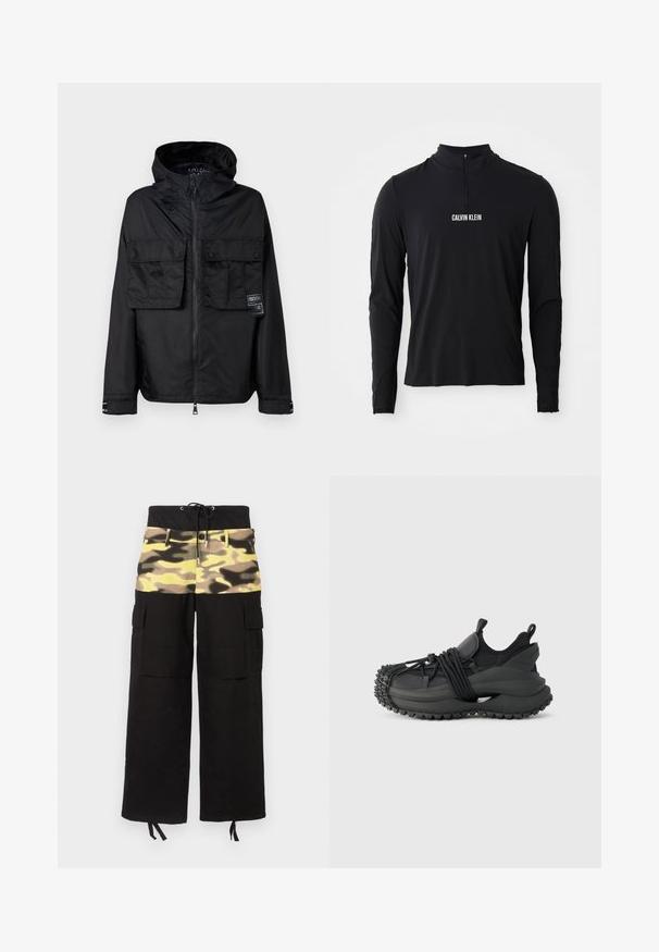 Schwarze Zip-Jacke mit Kapuze, ausgestattet mit zwei vorderen Brusttaschen, einem Label auf der linken Tasche und einer glatten, glänzenden Textur.; Schwarzes Langarmoberteil mit hohem Kragen, ausgestattet mit einem Viertel-Reißverschluss und weißem "CALVIN KLEIN" Logo auf der Vorderseite. Glatter, elastischer Stoff.; Cargo-Hosen aus schwarzem Stoff mit einem Camouflage-Oberteil in verschiedenen Schattierungen von Gelb, Grün und Braun; mit verstellbarem Bund.; Emporio Armani Sneaker low - black