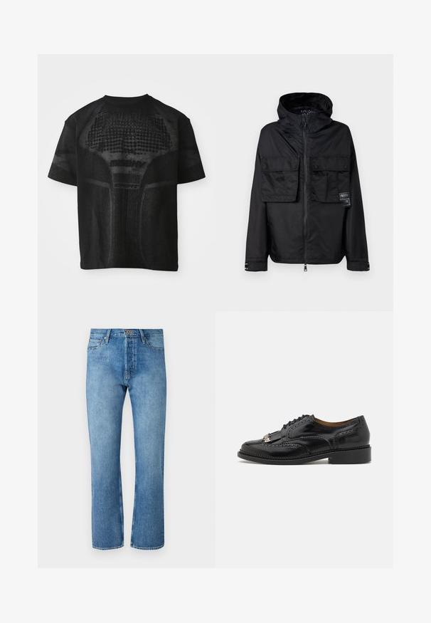 Zwarte zip-up jas met een capuchon, met twee voorzakken op de borst, een label op de linker zak en een gladde, glanzende textuur.; Zwarte sport T-shirt met korte mouwen, voorzien van een gestructureerd patroon en subtiele "MISBHV SPORT" tekst aan de voorkant.; Lichtblauwe denimjeans met een recht model, voorzien van een klassieke vijf-pocketontwerp, een knoopsluiting en contrasterende stiksels.; Zwarte leren oxford schoen met brogue details, vetersluiting, gepolijste afwerking en een lage hak. Beschikt over een decoratieve kwastaccent.