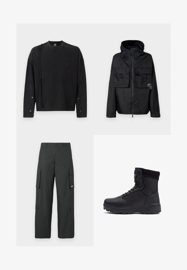 Cierna bunda na zips s kapucňou, s dvoma prednými vreckami na hrudi, etiketou na ľavom vrecku a hladkým, lesklým povrchom.; Čierny sweatshirt s dlhým rukávom a okrúhlym výstrihom, s jemným logom na prednej strane a patentkami na rukávoch, vyrobený z mäkkej tkaniny.; Čierne rovné nohavice cargo so bočnými vreckami s chlopňou, zapínaním na gombík, pútkami na opasok a malým bielym logom na chlopni pravého vrecka.; Čierna taktická bootka s hladkým koženým zvrškom a textilnými panelmi, vysoký dizajn nad členkami, šnurovanie vpredu a robustná gumová podrážka.
