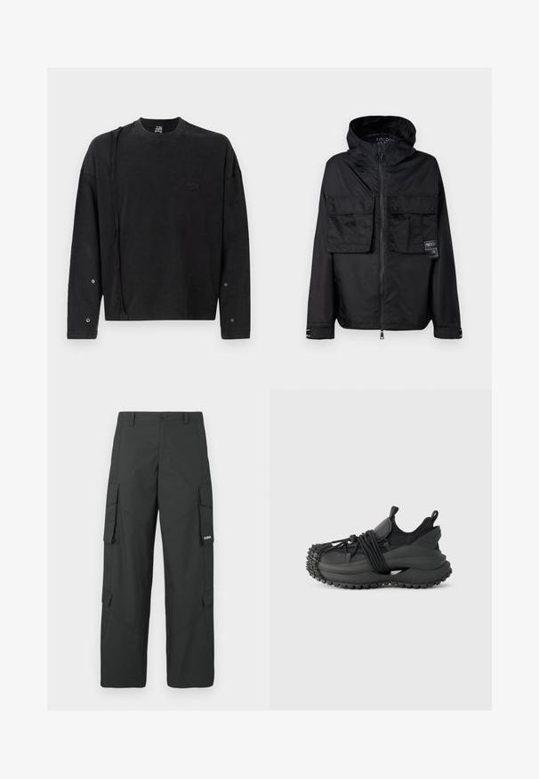 Schwarze Zip-Jacke mit Kapuze, ausgestattet mit zwei vorderen Brusttaschen, einem Label auf der linken Tasche und einer glatten, glänzenden Textur.; Schwarzer Pullover mit langen Ärmeln und Rundhalsausschnitt, mit einem dezenten Logo auf der Vorderseite und Druckknopfdetails an den Ärmeln, aus weichem Stoff gefertigt.; Schwarze gerade Cargo-Hosen mit seitlichen Klappentaschen, Druckknopfverschluss, Gürtelschlaufen und kleinem weißen Logo auf der Klappentasche rechts.; Emporio Armani Sneaker low - black