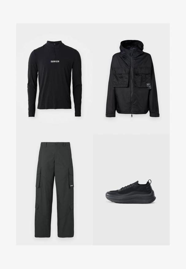 Zwarte zip-up jas met een capuchon, met twee voorzakken op de borst, een label op de linker zak en een gladde, glanzende textuur.; Zwarte langemouwen top met hoge kraag, voorzien van een kwart ritssluiting en het witte "CALVIN KLEIN" logo aan de voorkant. Soepele, elastische stof.; Zwarte cargo broek met rechte pijpen, zijflapzakken, knoopsluiting, riemlussen en een klein wit logo op de flap van de rechterzak.; Zwarte sportieve schoen met een bovenkant van mesh, textuurrijke accenten en een dikke rubberen zool. Voorzien van een trekbandje bij de hak en vetersluiting.