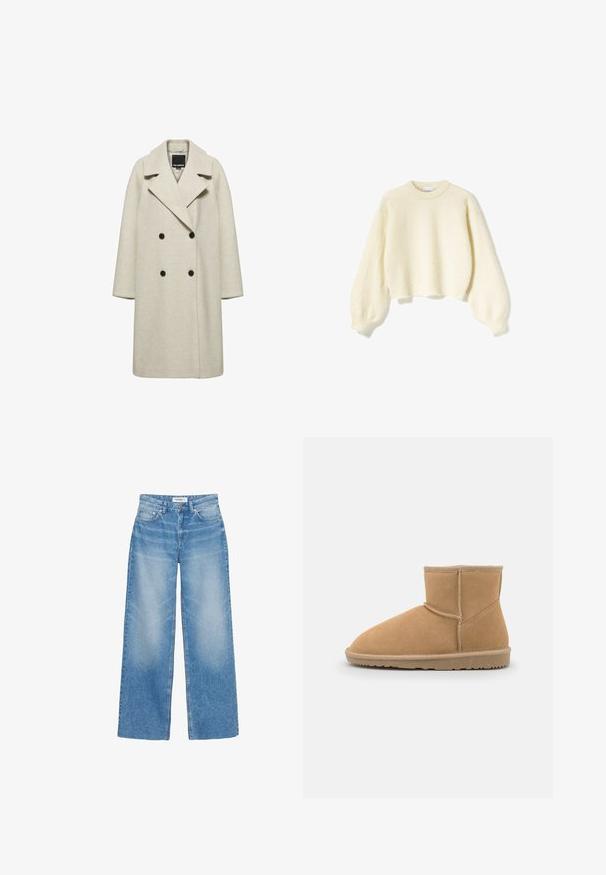 Lang beige dobbeltbrystet uldfrakke med brede revers og fire sorte knapper, vist på en ensfarvet hvid baggrund.; Cremefarvet cropped sweater lavet af blødt, struktureret stof med lange, puffede ærmer og rund hætte. Etiketten viser "Noella."; Blå vidde jeans med lommer foran, bæltestropper og knaplukning, vist på en hvid baggrund.; Brun ruskinds ankelstøvle med rund tå og polstret krave, der har kontrastsyninger og en tekstureret gummisål.