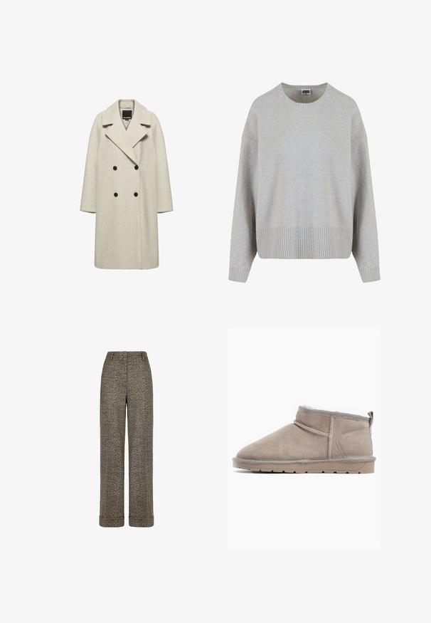 Lange beige wollen jas met dubbele knoopsluiting, brede revers en vier zwarte knopen, getoond op een effen witte achtergrond.; Lichtgrijs gebreid sweater met een ronde hals, verlaagde schouders en geribbelde zoom. Zachte textuur en ontspannen pasvorm.; Bruine brede wollen broek met visgraatmotief, wijde pijpen, omgeslagen zoom en details met knopen aan de tailleband.; Beige suède enkellaars met een zachte vachtvoering, ronde neus en een platte rubberen zool. Bevat minimale steken en een klein trekhaakje aan de achterkant.