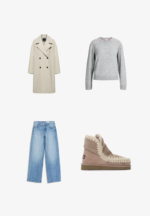 Long manteau en laine beige à double boutonnage avec larges revers et quatre boutons noirs, présenté sur un fond blanc uni.; Pull gris à col rond, manches longues, avec des poignets et un ourlet côtelés. Fabriqué en tissu doux avec une légère texture. Étiquette visible au niveau du col.; Jean denim bleu clair à jambes larges avec poches avant, passants de ceinture, fermeture par bouton et détails délavés.; Botte cheville en suède beige avec un bord tressé crème texturé le long de l'ouverture et une semelle en caoutchouc. Doublure douce visible en haut.